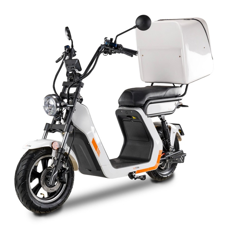 Scooter electric BILI BIKE E-BALDUR DELIVERY 2.0 3 kW, autonomie 180 km*, 45 km/h, box termo 113L pentru livrari, 2 baterii 60V 80Ah detasabile, 2 locuri, LED, LCD, frane disc, alb