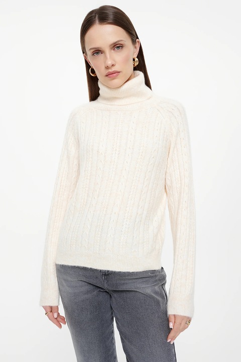 GreenPoint, Pulover cu guler inalt si torsade, Alb murdar