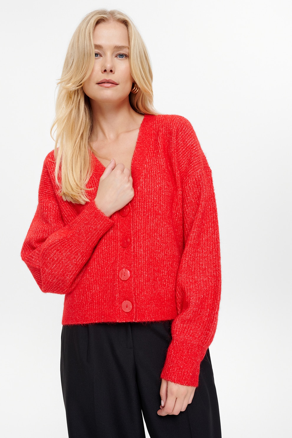 <3/15まで出品> A MACHINE POURPOINT CARDIGAN GreenPoint, Cardigan din amestec de lana cu decolteu in V, Rosu, S