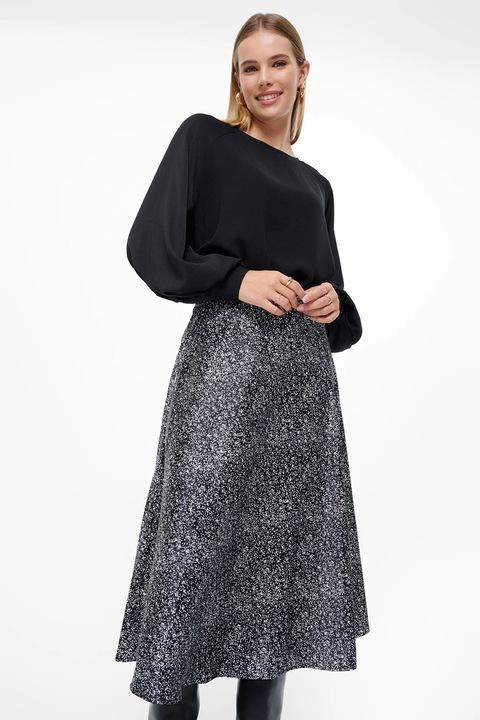 GreenPoint, Fusta midi evazata cu model, Gri inchis