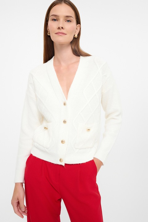 GreenPoint, Cardigan cu buzunare aplicate si decolteu in V, Alb murdar