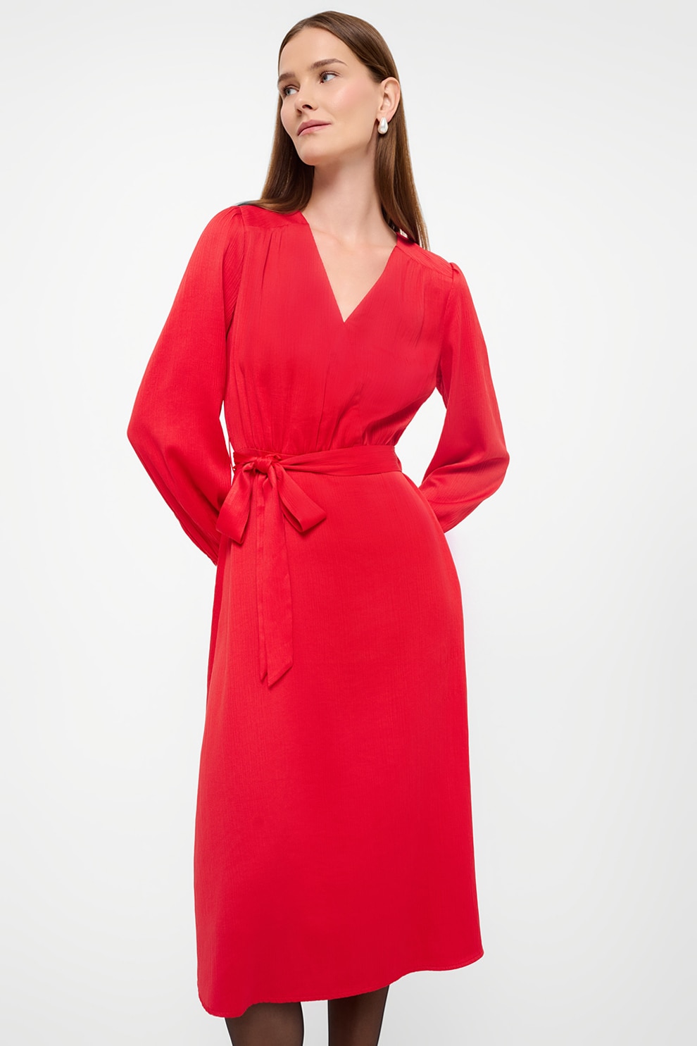 GreenPoint, Rochie midi cu un cordon in talie, Rosu, 36