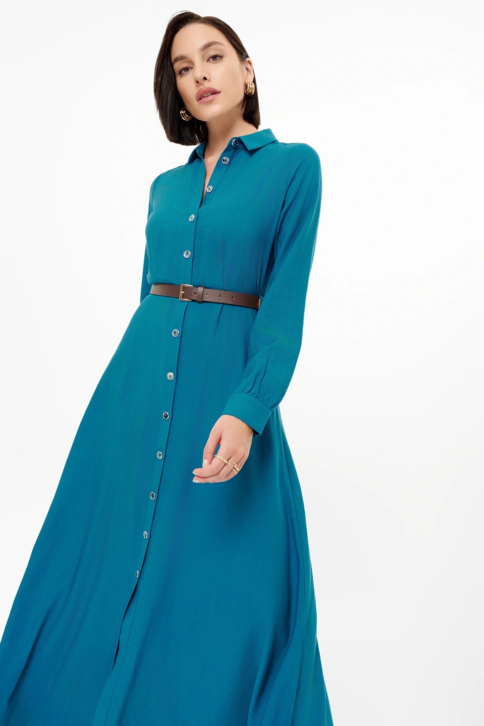 GreenPoint, Rochie-camasa maxi, Albastru petrol, 34