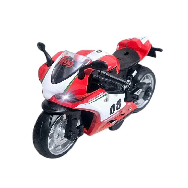 Fém motorkerékpár, Hangok és fények, Hátrahúzó funkció, Piros, 17cm, Ergino