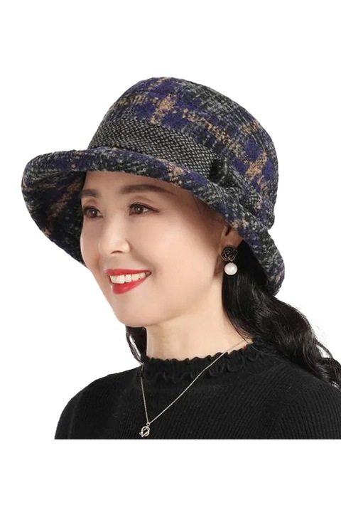 Palarie dama, model chic cu margine ingusta si accesoriu fundita, imprimeu abstract, tematica fashion winter, marime universala, albastra, EFAYN
