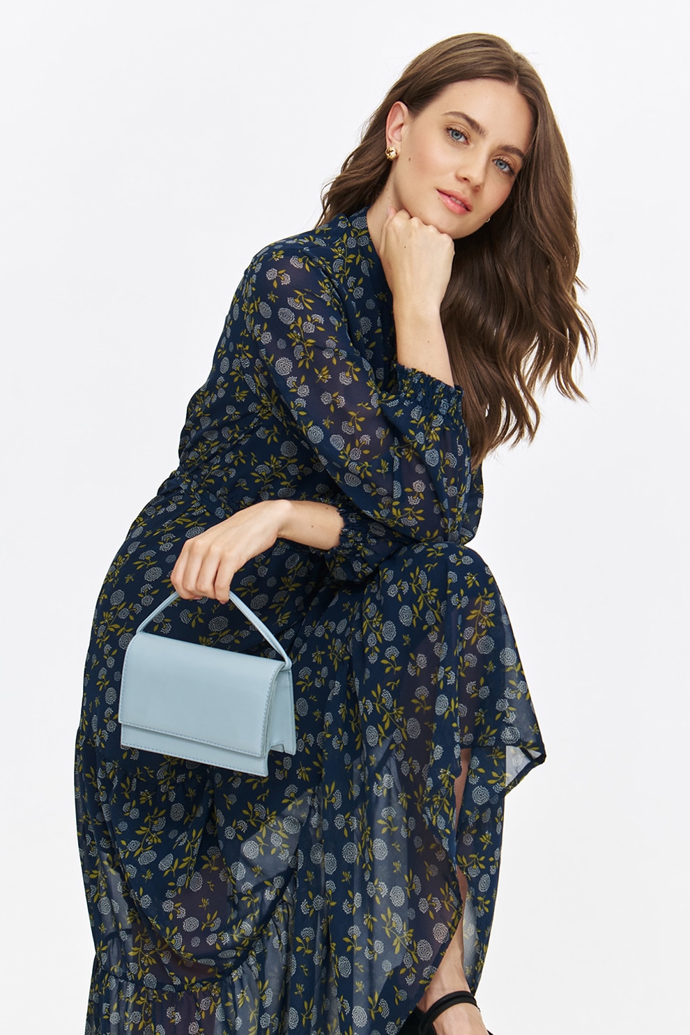 Top Secret, Rochie lunga cu croiala evazata si model floral, Bleumarin, 34