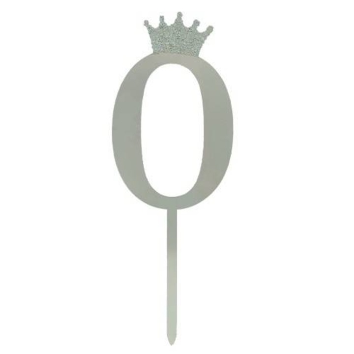 Топер за торта, акрилна декорация с огледален ефект, сребрист, 19 см, номер 0
