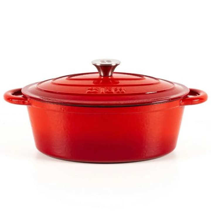 Oala ovala fonta emailata, cu capac tip ceaun cuptor olandez, Rosu Cherry - Lätt Home, 6 L