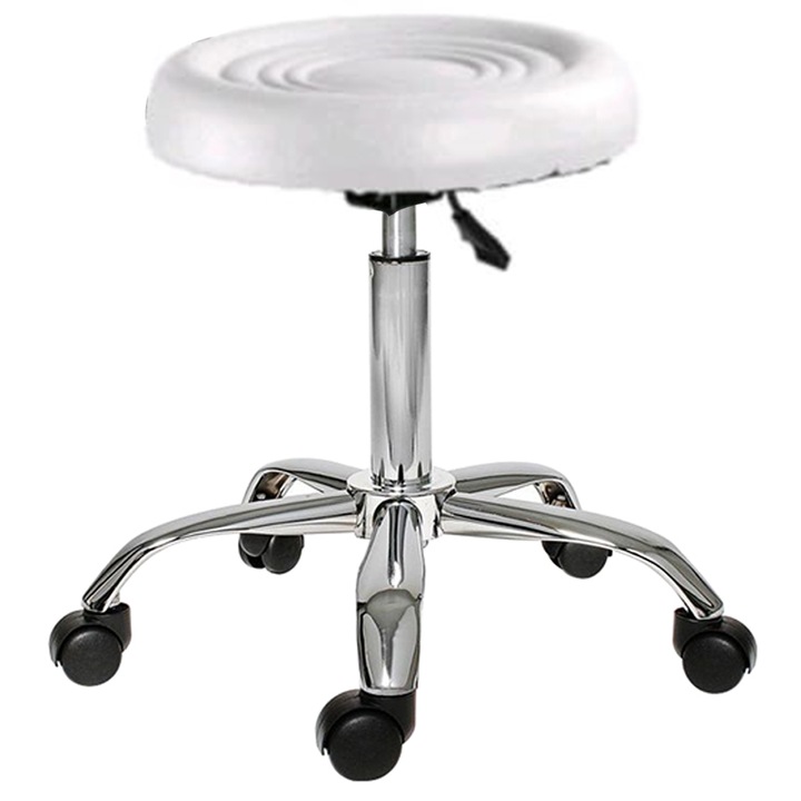 Scaun pe roti, Rotativ 360°, Pentru salon infrumusetare, Alb, Inaltime 42 - 52 cm