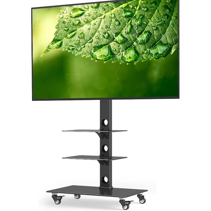 Стойка за мобилни телевизори BONTEC, за телевизори 30-70 инча, с колелца, 6 регулировки на височина, 3 стъклени рафта, Max VESA 600x400, Черен цвят