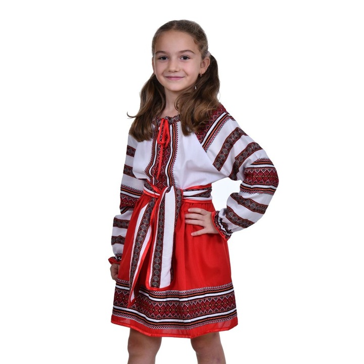 Costum traditional pentru fetite, 3 piese, brodat cu motive populare / nationale, alb - rosu - negru, 13 - 14 ani, Denikos® 1029
