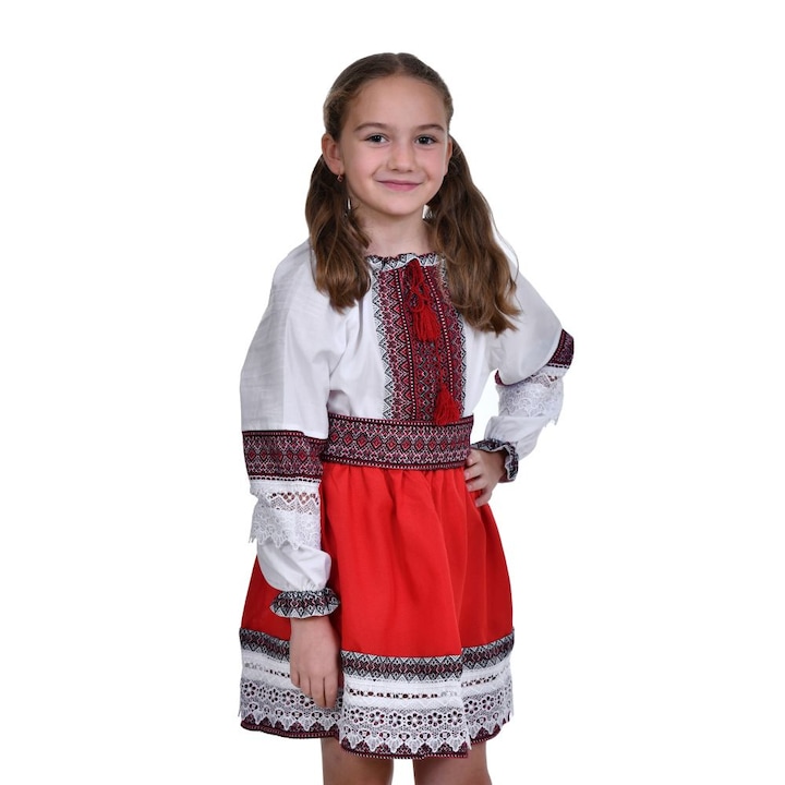 Costum traditional pentru fetite, 3 piese, brodat cu motive nationale / populare, alb - rosu, 10 ani, Denikos® 1030
