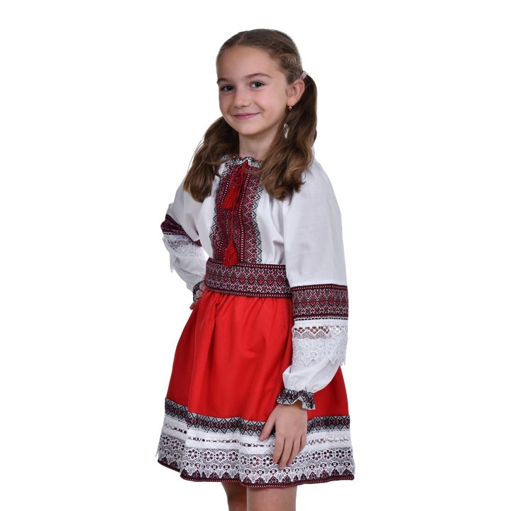 Costum traditional pentru fetite, 3 piese, brodat cu motive nationale / populare, alb - rosu, 13 - 14 ani, Denikos® 1030