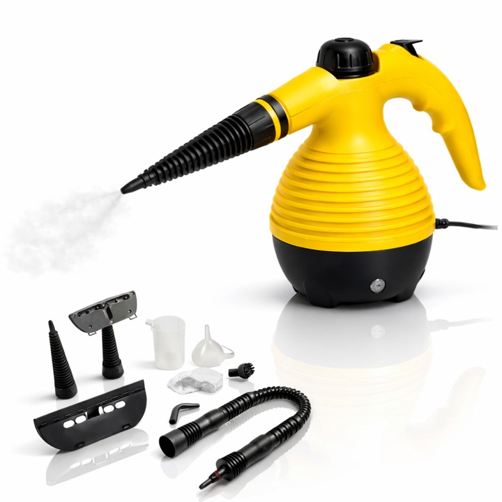 Aparat de Curatat cu Aburi Macvi® 1000W, 8 in 1, Presiune Max 3.5 Bar, Rezervor 250ml, Curatare Fara Substante Chimice, Cu Maner Ergonomic, Galben-Negru