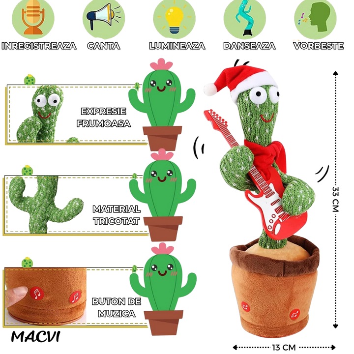 Cactus Dansator Macvi® Interactiv Jucarie Amuzanta si Educativa, cu 120 de Melodii, Imitare Sunete si Efecte Luminoase