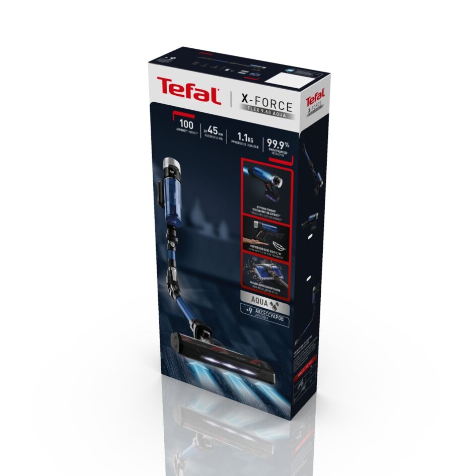 Aspirator vertical Tefal X-FORCE FLEX 9.60 TY20C4WO, Autonomie 45 minute, Iluminare LED, Afisaj control SMART, Recipient 0.4 l Albastru/Negru