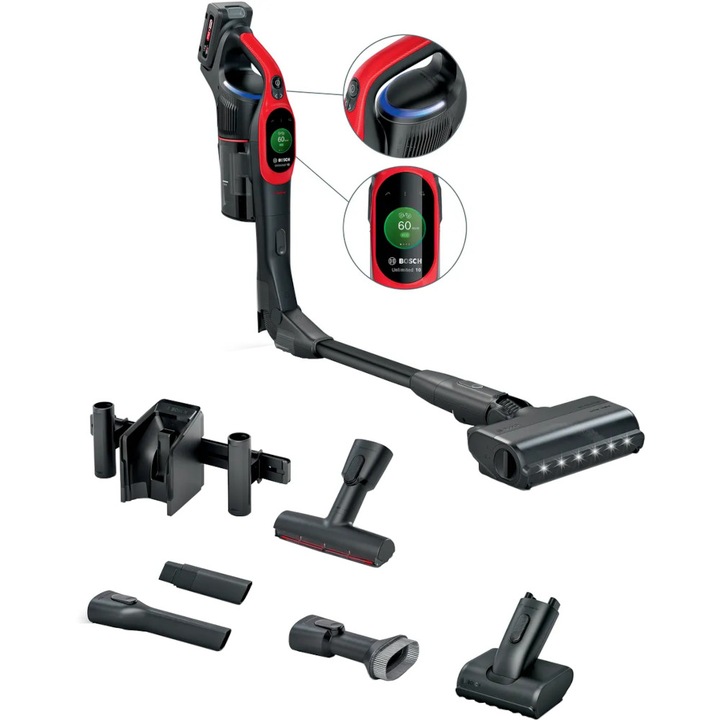 Прахосмукачка с батерии Bosch Unlimited 10 ProAnimal BCS1041PET, 6 нива на производителност, червена