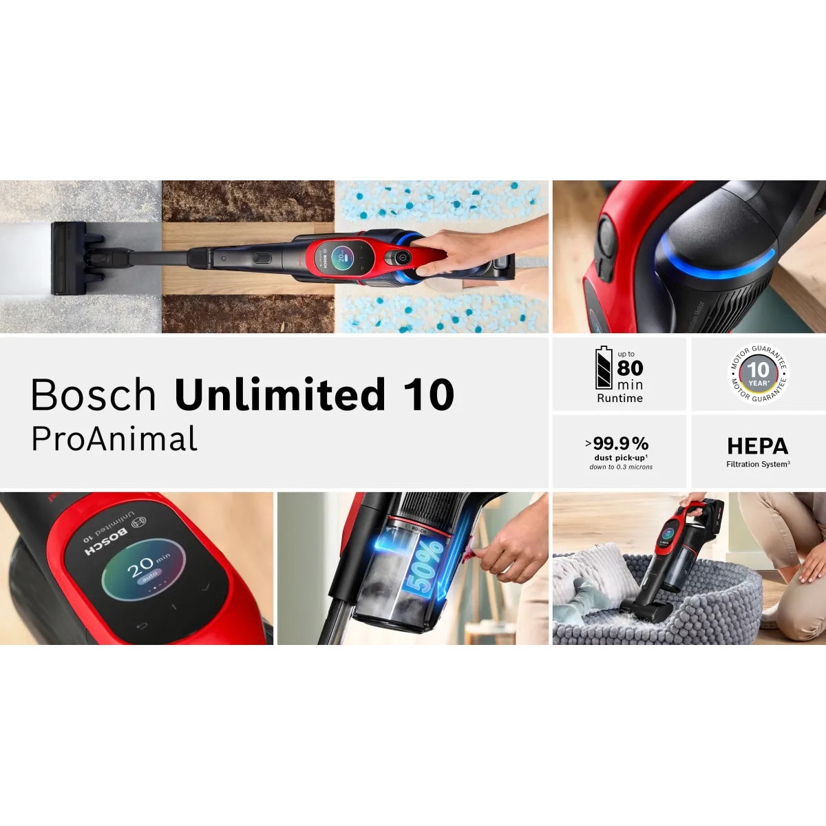 Aspirator cu acumulatori Bosch Unlimited 10 ProAnimal BCS1041PET, 6 niveluri de performanta, Rosu