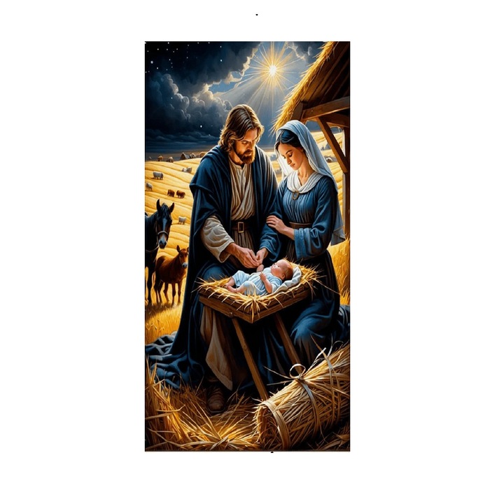 Decoratiune Craciun pentru intreaga usa, Scena nativitatii, Fecioara Maria, Iosif si pruncul sfant, model 1, FamousKids®