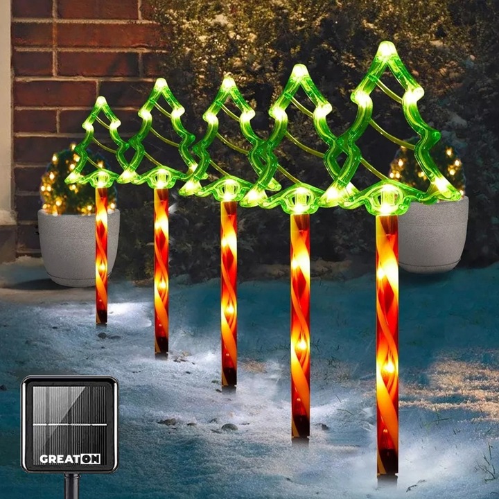 GREATON Комплект от 5 х светещи близалки, украса в стил коледно дърво, на открито, зареждане от слънчева енергия, размер 44 см, топло бяло