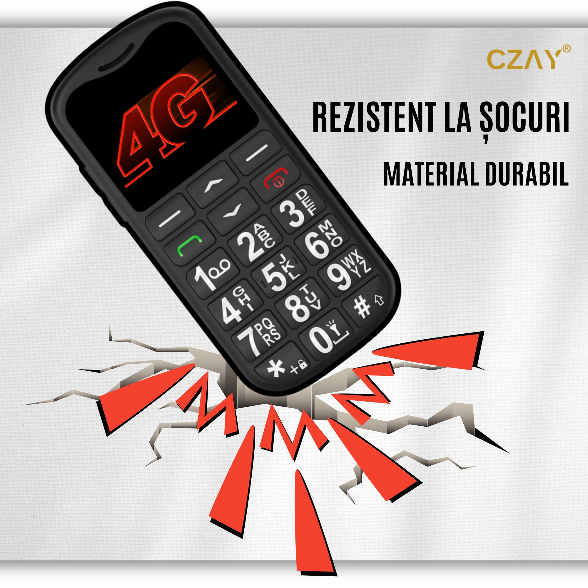Telefon Mobil Seniori CZAY® cu Taste Mari si Buton SOS pentru Siguranta, Meniu Romana si Maghiara, Autonomie 7 Zile, Volum Puternic, One Sim, Ecran LCD Generos, Color, Usor de Folosit pentru Varstnici, Lanterna, Radio, Bluetooth, Rezistent, 4G
