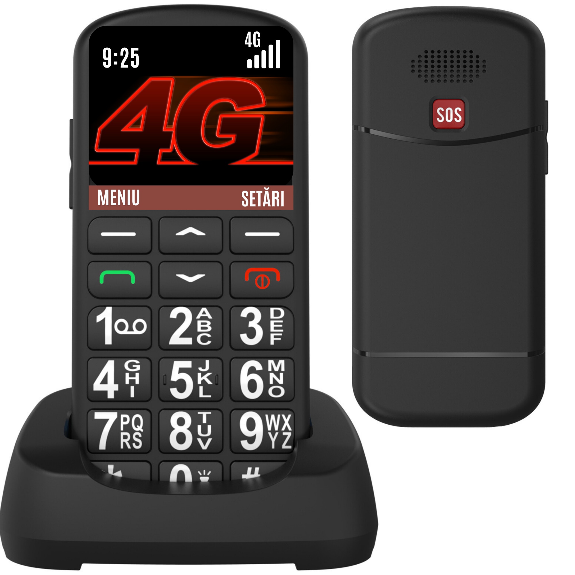 Telefon Mobil pentru Seniori cu Taste Mari, 4G, Meniu in Limba Romana, Volum Puternic Reglabil, Buton SOS, One Sim, Ecran LCD Generos, Color, Autonomie 7 Zile, Usor de Folosit pentru Varstnici, Pensionari si Bunici, Lanterna, Radio, Bluetooth