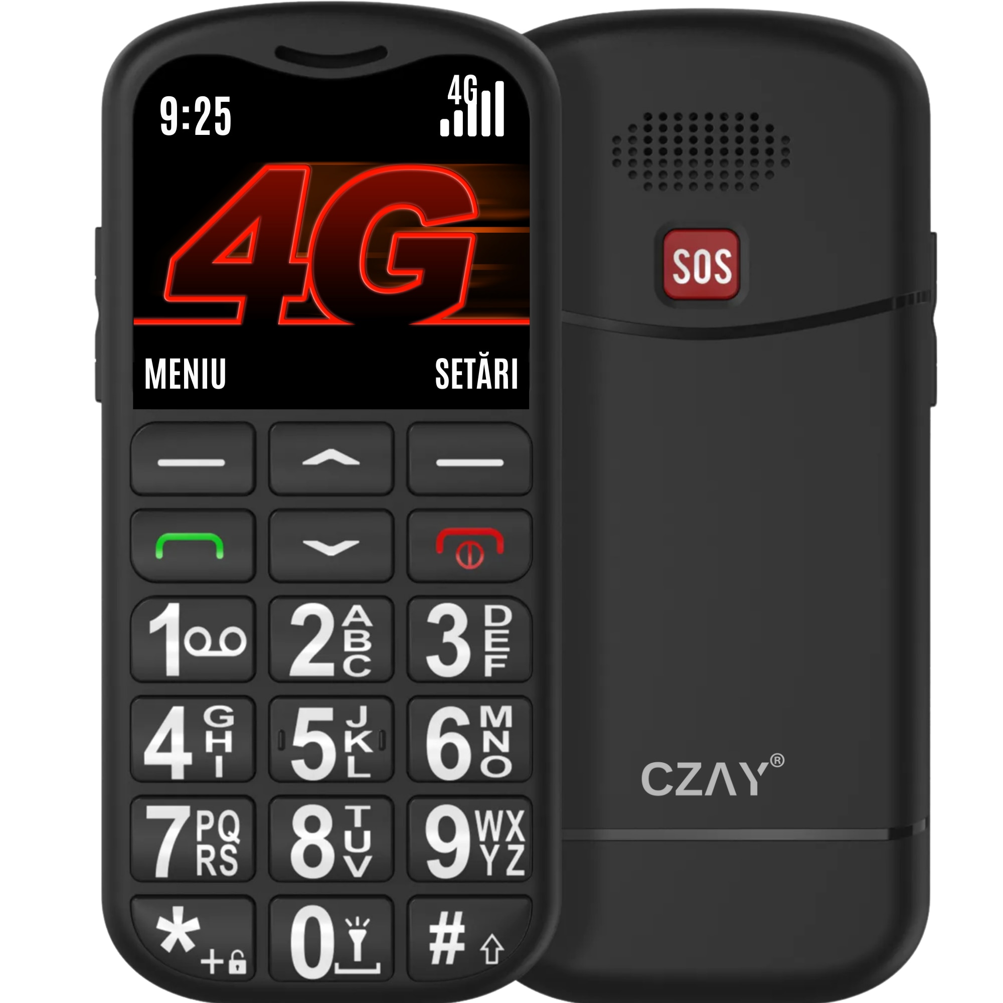 Telefon Mobil Seniori CZAY® cu Taste Mari si Buton SOS pentru Siguranta, Meniu Romana si Maghiara, Autonomie 7 Zile, Volum Puternic, One Sim, Ecran LCD Generos, Color, Usor de Folosit pentru Varstnici, Lanterna, Radio, Bluetooth, Rezistent, 4G