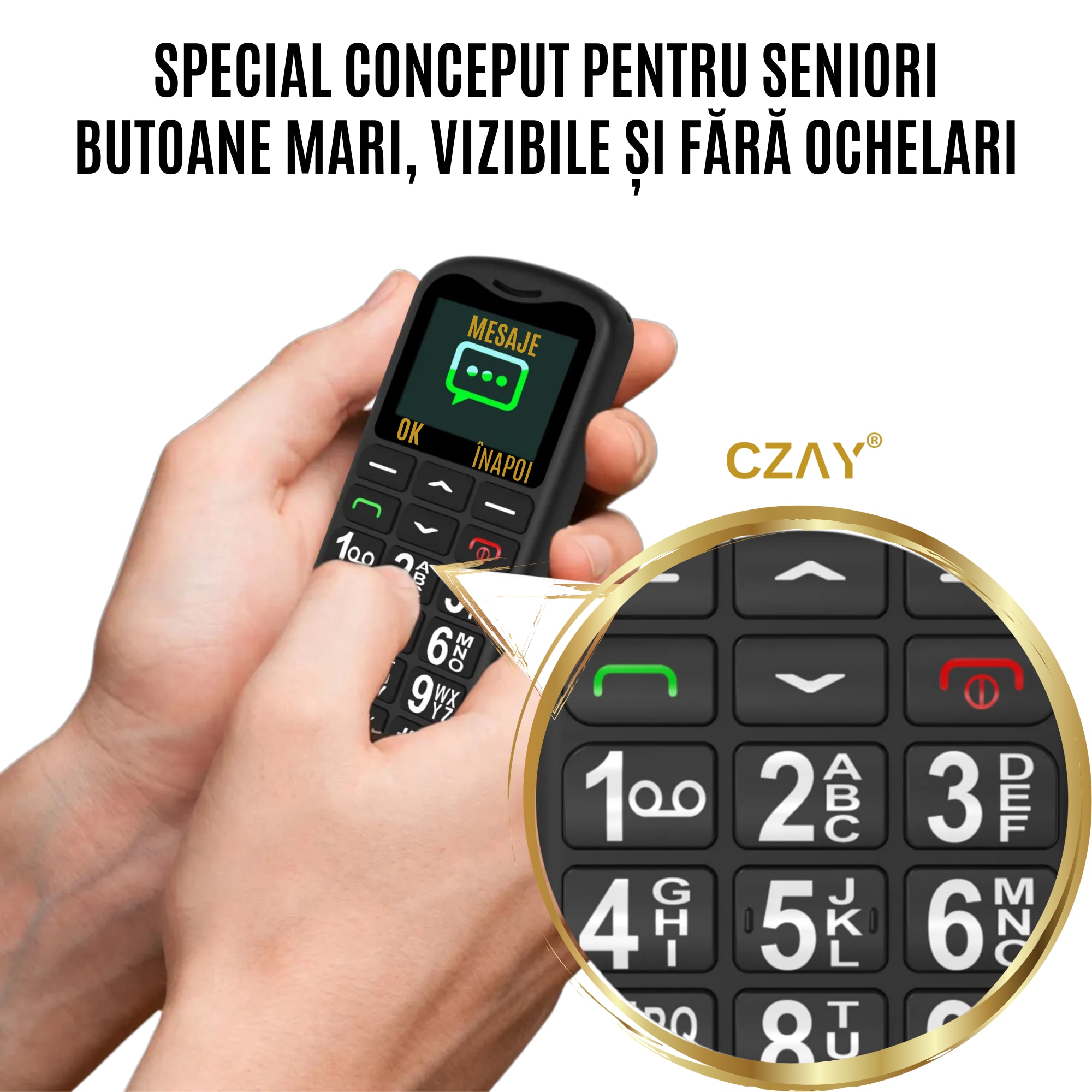 Telefon Mobil Seniori CZAY® cu Taste Mari si Buton SOS pentru Siguranta, Meniu Romana si Maghiara, Autonomie 7 Zile, Volum Puternic, One Sim, Ecran LCD Generos, Color, Usor de Folosit pentru Varstnici, Lanterna, Radio, Bluetooth, Rezistent, 4G
