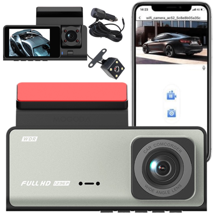 Камера за арматурно табло на автомобил MOGODA® тройна WiFi, S10, Full-HD 1080P+480P+480P, Ъгъл на заснемане 170° отпред +120° отвътре +110° отзад, Резолюция 1920x1080, Приложение Viidure, Нощно виждане, регулируем G-сензор, WDR, Сребриста