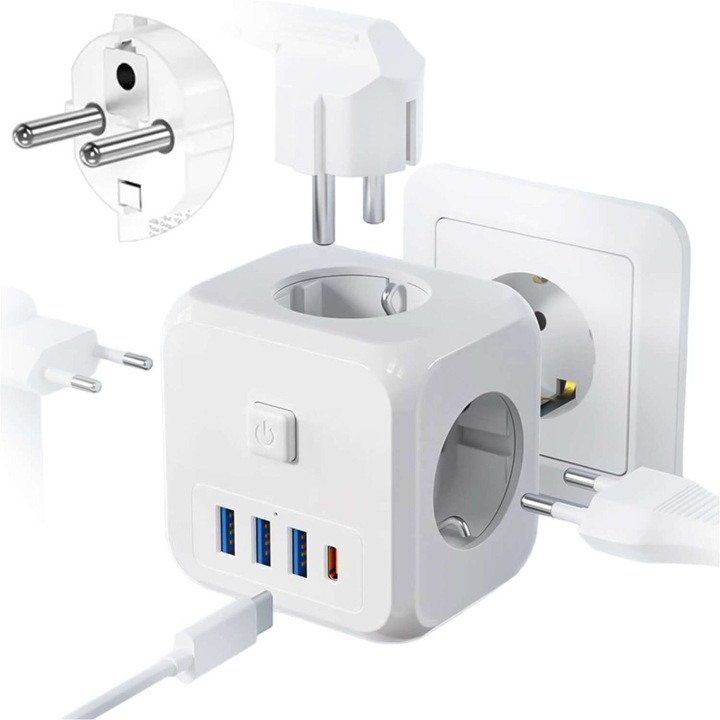 Adaptor priza, PL/EU, 3x USB, 1x USB-C, 7.64 x 6.24 x 7.64 cm, alb