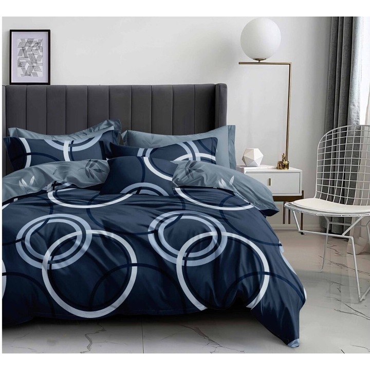 Lenjerie de pat dublu, 6 piese, 2 persoane, 180x200 cm, Imprimeu cercuri, multicolor