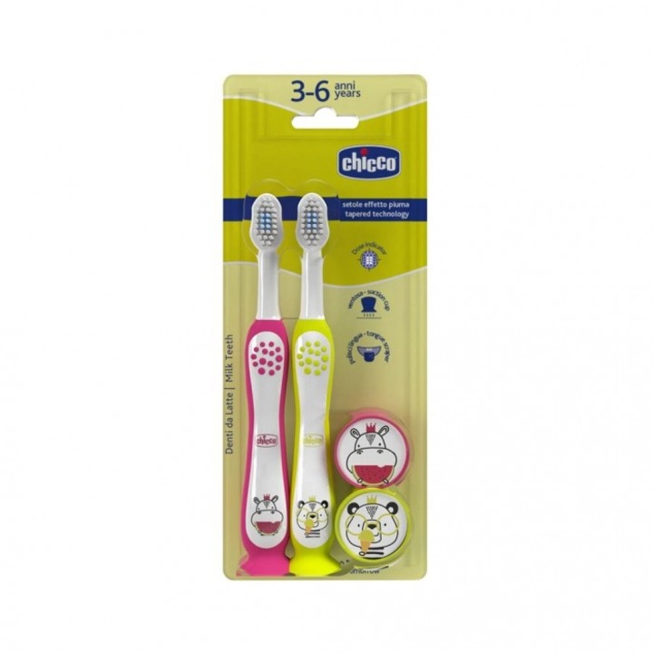 2 db-os fogkefe készlet, Chicco, 3-6 éves gyerekeknek, Puha sörtéjű, Sárga / Piros