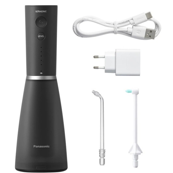 Irigator oral Panasonic Ultrasonic EW-DJ86-K503, 5 trepte de presiune, incarcare rapida 1h, portabil, Duze Ortodontica si Ultrasonica incluse, Capacitate rezervor 200 ml,negru