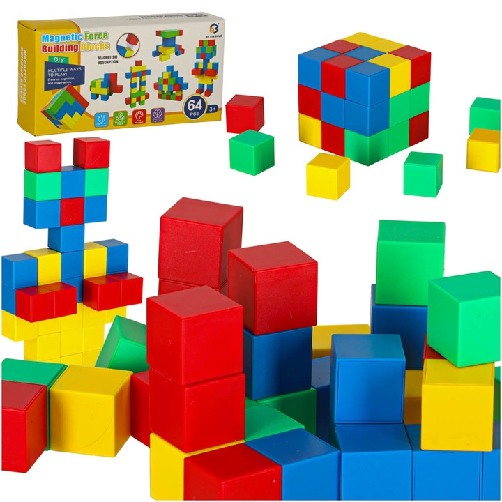 Set de constructie Klocki magnetice, Luka, 64 piese, 2,5x2,5cm, multicolor