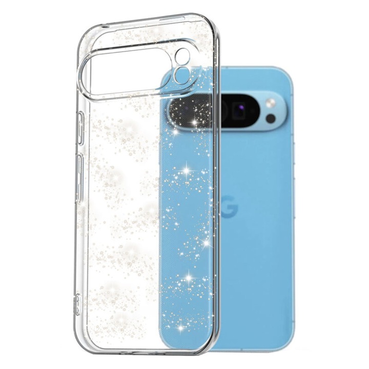 Husa de protectie compatibila cu Google Pixel 9 Pro XL, TPU cu sclipici, Slim Design, Protectie camera, Transparent