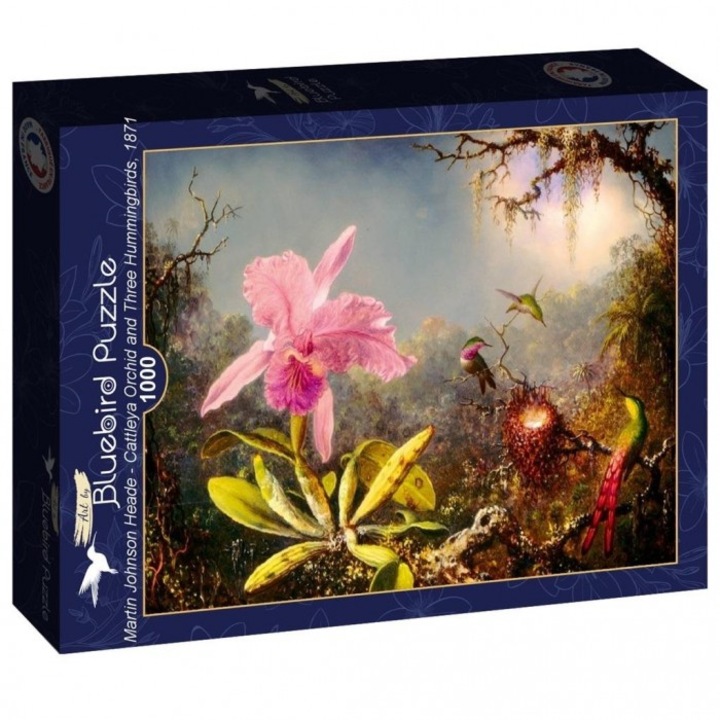 Puzzle Cattleya Orchid and Three hummingbirds-Heade 1871, Bluebird Puzzle, 1000 Piese, Multicolor
