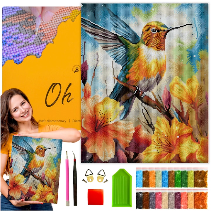 5D комплект за диамантена бродерия с рамка, диамантена картина 40x50 см, дъгова колибри птица гоблен картина Oh Art