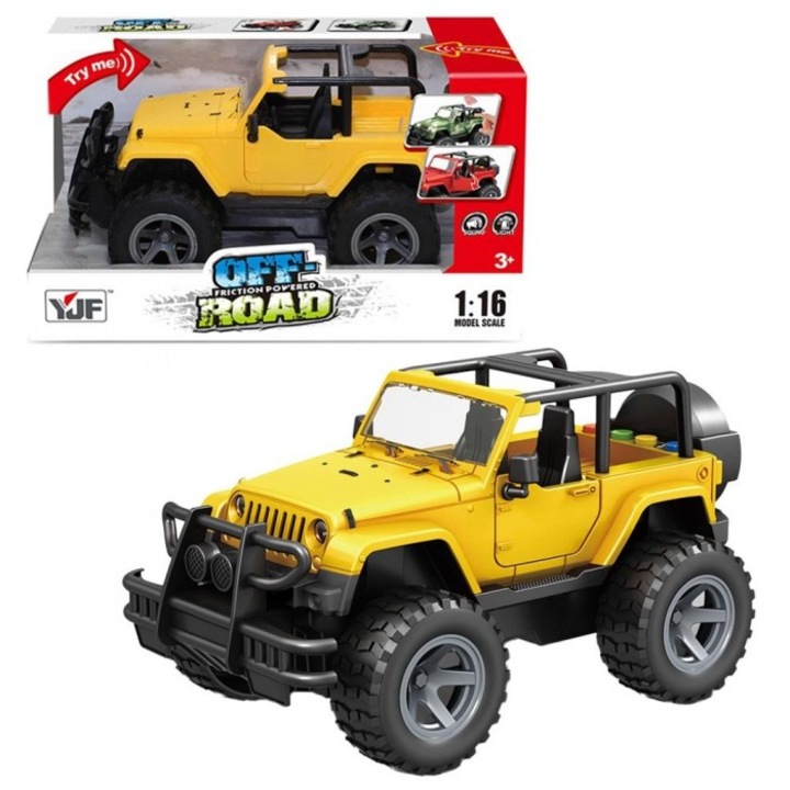 Jeep galben pe baterie, Askato, sunete, lumini, 142x276mm, pentru copii 3+