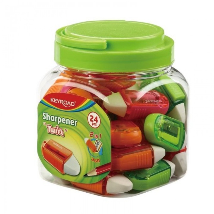 Комплект пластмасови острилки с гумичка Twist, Keyroad, 24 броя, многоцветни