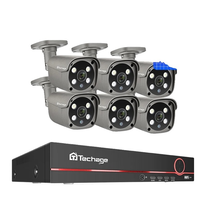 Sistem de camere de supraveghere, 8CH, 6 camere 5MP, detectie miscare, IP66, audio bidirectional