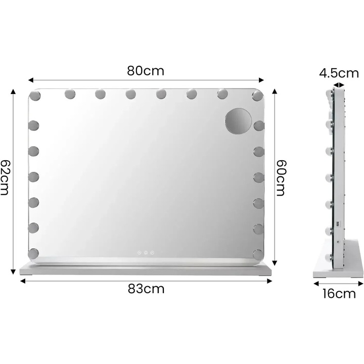 Oglinda cosmetica, 20 LED-uri dimabile, temperatura de culoare ajustabila, 80x60x12cm
