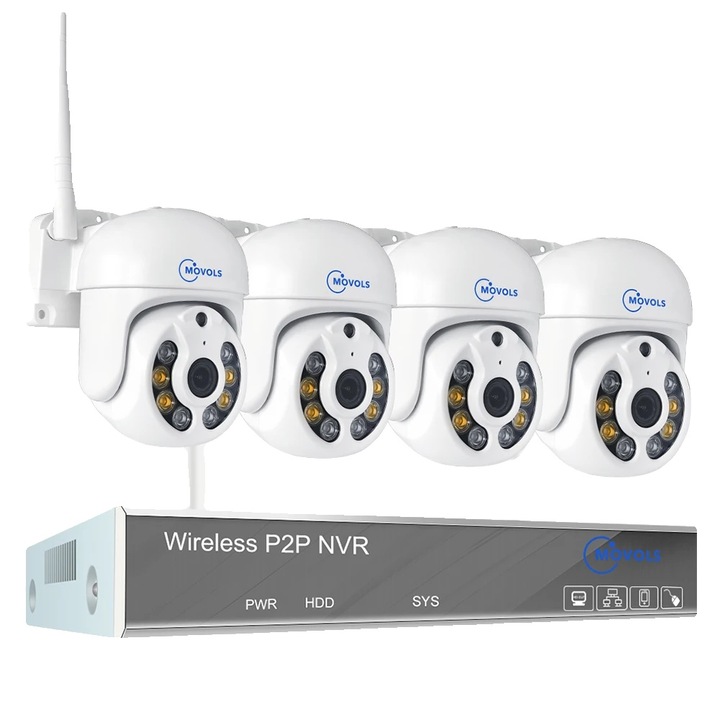 Vezeték nélküli megfigyelő készlet, Movols, 10 csatornás NVR, 4 PTZ kamera, 3 MP felbontás, Nocturna Color