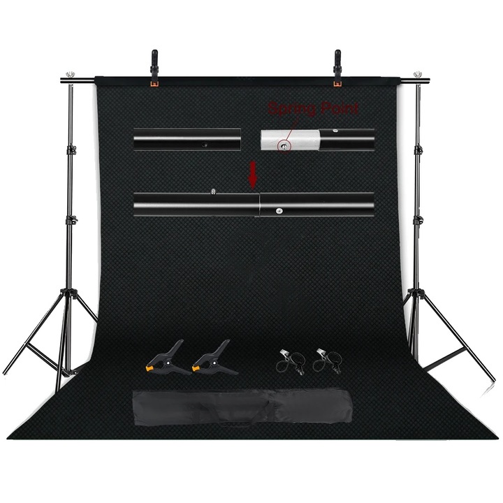 Kit suport fundal foto, 2 bare transversale, 2 trepiede, 2 clips laterale, negru normal, 2000x3000cm