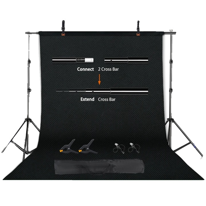 Kit suport fundal foto, extensibil, negru, 2600x3000cm, include 2 bare transversale, 2 trepiede, 2 cleme laterale, 1 geanta de transport