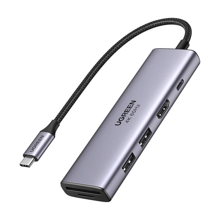 Хъб UGREEN CM511, 5 в 1, 2x USB 3.0, HDMI, USB-C, TF/SD, 4K 60Hz, сребрист