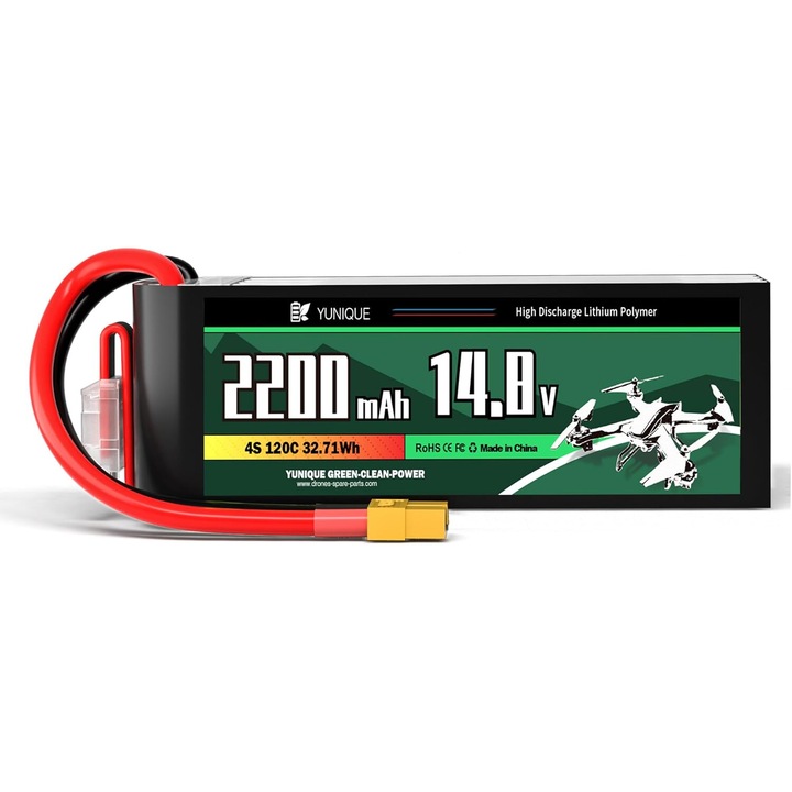 Baterie LiPo 4 Celule 14.8V 2200mAh 120C cu Conector XT60, Cablu Siliconic si Carcasa Moale - Dimensiuni 106X34X29 mm, Greutate 210g - Putere Ridicata pentru Modele RC