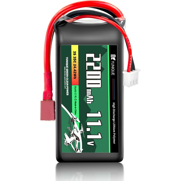 Baterie LiPo 3 Celule 11.1V 2200mAh 35C cu Conector T-PLUG, Cablu Siliconic si Carcasa Moale - Dimensiuni 75X33X25 mm, Greutate 140g - Putere Ridicata pentru Modele RC