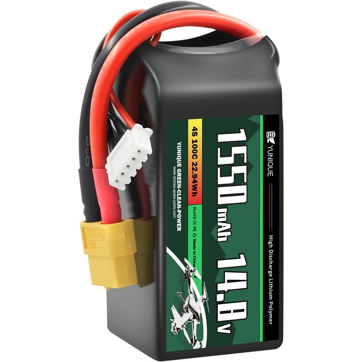 Baterie LiPo 4 Celule 14.8V 1550mAh 100C cu Conector XT60, Cablu Siliconic si Carcasa Moale - Dimensiuni 78X38X29 mm, Greutate 180g - Putere Ridicata pentru Modele RC