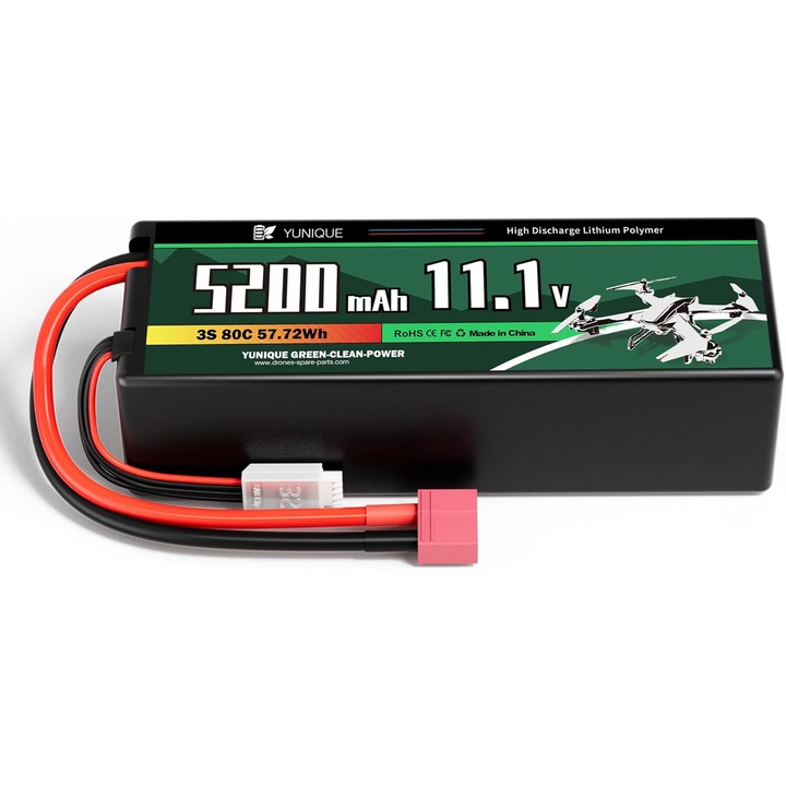 Baterie LiPo 3 Celule 11.1V 5200mAh 80C cu Conector T-Plug, Cablu Siliconic si Carcasa Rigida - Dimensiuni 138x47x36 mm, Greutate 359g - Putere Ridicata pentru Modele RC