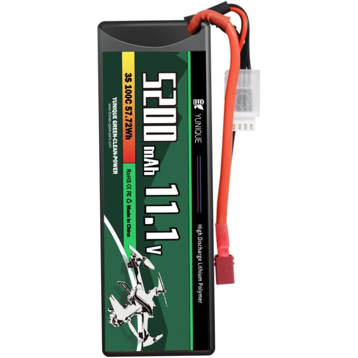 Baterie LiPo 3 Celule 11.1V 5200mAh 100C cu Conector T-Plug, Cablu Siliconic si Carcasa Rigida - Dimensiuni 138x47x36 mm, Greutate 359g - Putere Ridicata pentru Modele RC